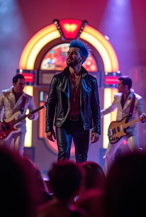 Rodrigo Bueno with blue hair singing quartet with black leather jacket and vintage microphone and Elvis Presley shiny white suit and electric guitar 
Rocola illuminated in the background 
Euphoric audience 
In Las Vegas 
Casino 