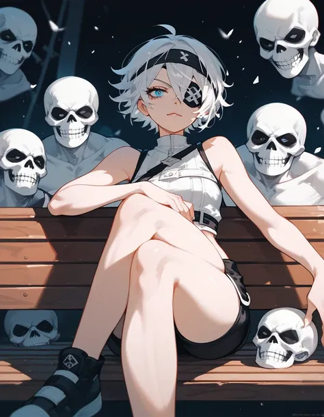 girl,Short hair,White hair, in blue eyes, eyes patch, left eye blind ,White Sleeveless Top, shorts, respect,Sit on a bench,Crossed legs ,There are white skulls floating around.