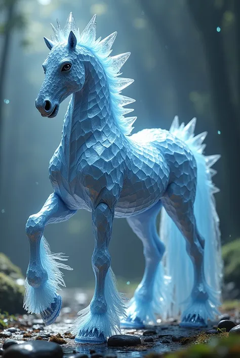 Design a monstrous hybrid entity that seamlessly combines the features of a horse and a diamond. The creature should have the body of a horse with crystalline skin, sharp






