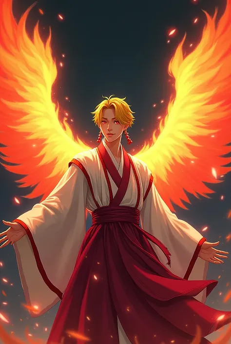  black background,  Man with big flaming wings, Yellow hair ,  red eyes,  side view , Red and white Hanbok , red earrings, Japanese manga style