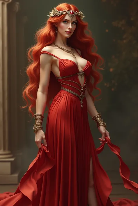 
Sexy 35-year-old Aphrodite ,  in red dress and accessories, long red hair, median body,  thin waist ,  Big breasts ,  WIDE HIP.