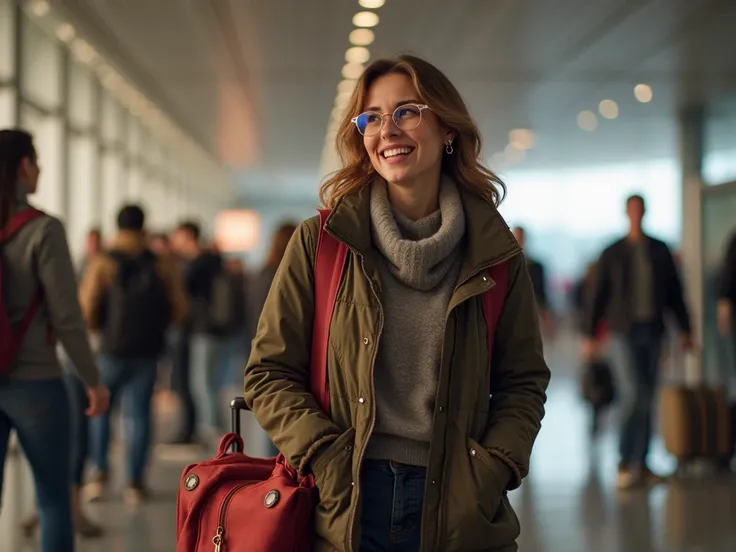  to create a hyperrealistic image with photographic quality of an adult woman waiting in line anxiously happy with a keychain on her Mickey Mouse, I want her to have more distance and for her to be carrying a suitcase 