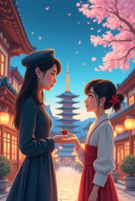  Draw realistically two beautiful adult friends .  One French woman , second Korean woman .  A tall Frenchwoman dressed stylishly with a beret on her head ,  short Korean woman in beautiful modern hanbok .  They stand in front of each other and they are ar...