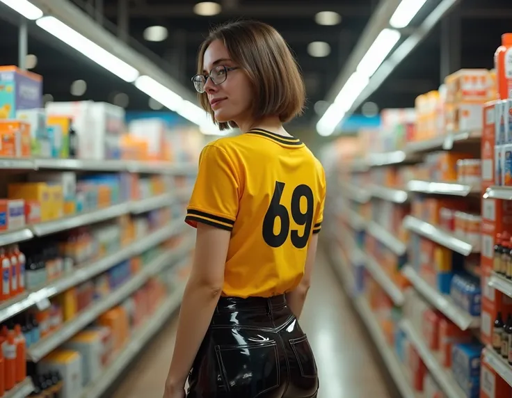 slim 21 year old woman narrow face glasses mouth closed smirking straight lite brown hair below the ears short hair wearing tight shiny black plastic pvc pants and tight yellow ringer t shirt with black 69 font on the front working in the drug store hyper ...