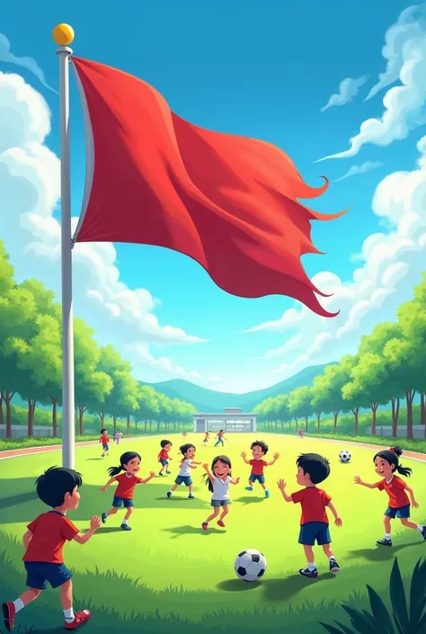  class school games flag ， height 128 cm ，Width 192 cm ，Vibrant， foreground lawn and landscape， clear sky blue sky 