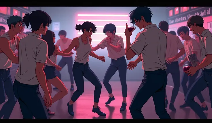 several drunk people dancing in a bar, ghost in the shell style, flat shading