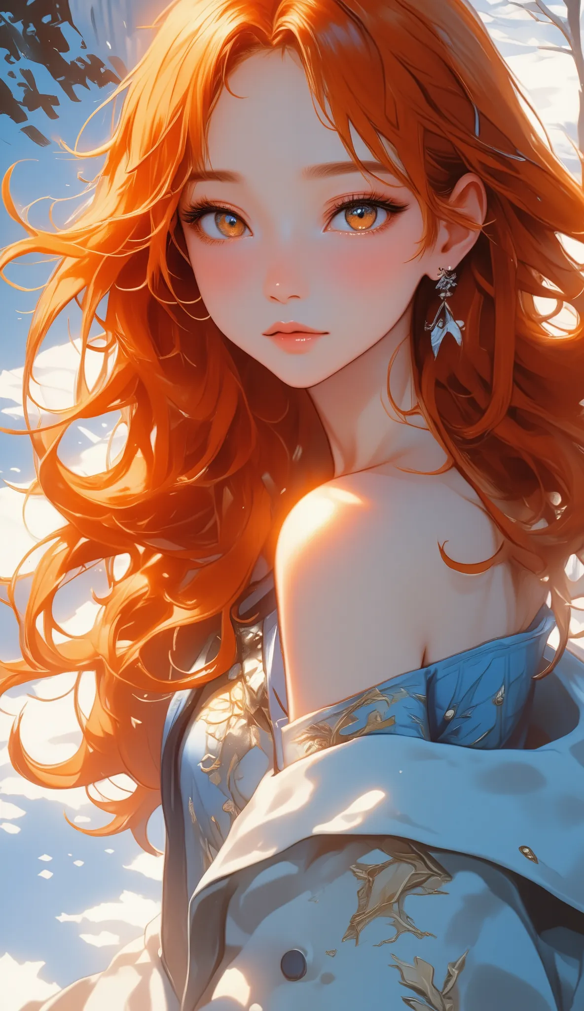 masterpiece、 best quality、 Beautiful Women、 one girl who is at ease、Young girl 、  Details_face_pupil、かわいいface、 woman wearing red hair and sweater posing in the snow , flowing  redhead,  redheadの,  orange skin and long flaming hair ,  redhead,  redhead,  re...