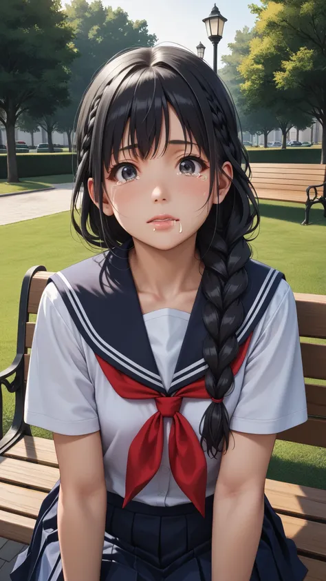 (1girl:1.3), Masterpiece, Best quality, amazing beauty, 4K, absurdres, finely detail, super detailed eye, perfect anatomy, official art, cinematic lighting, BREAK, Park Bench, long braid, (black hair:1.5), super shiny detailed black eye, (((tareme))),  Plu...