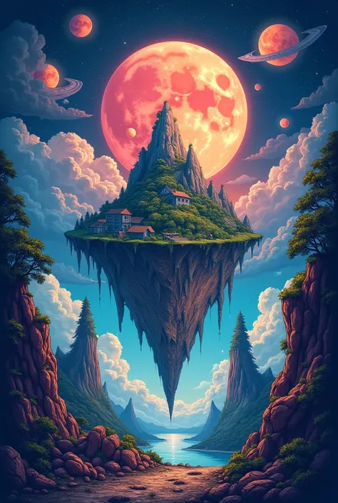 ."Develop a T-shirt design featuring a surreal, dream-like landscape. Use imaginative elements like floating islands, mystical creatures, or cosmic scenery. The illustration should be detailed and use a vibrant color scheme, with a touch of fantasy that tr...