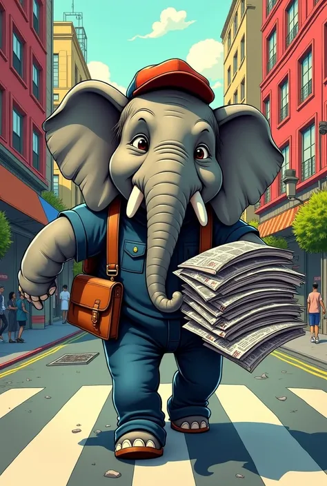 Elephant delivering paper newspapers in comic book format 