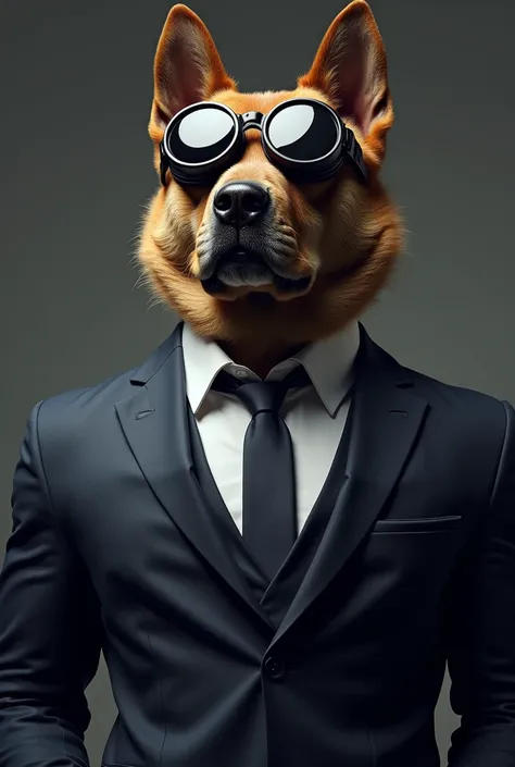 Large, muscular dog in a suit suit and executive goggles that is impressive 