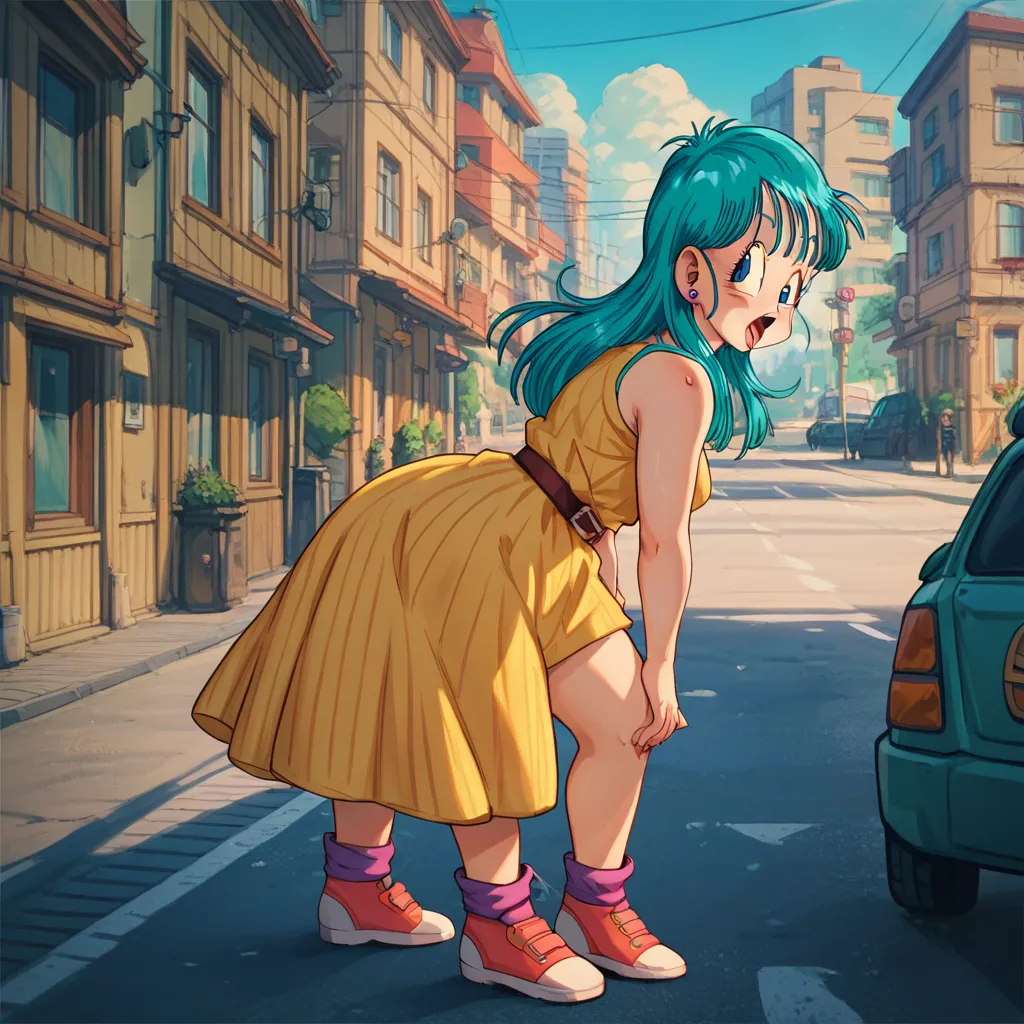 young bulma from dragon ball, full body, standing, nude, fucking oolong, mini pig man, ahegao, side side, side view, standing fu...