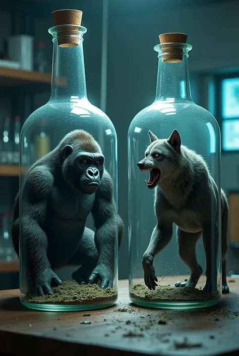 Gorilla and walf in two bottle in the lab 