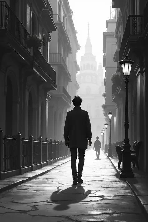 Create a black and white image of a young man walking in the middle of a peaceful city 