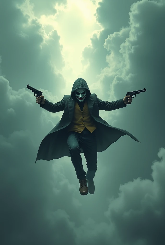 A person holds two guns while wearing a Joker mask and jumps Ola Dahr from the clouds with a greater slope and is taken by the hell rider 