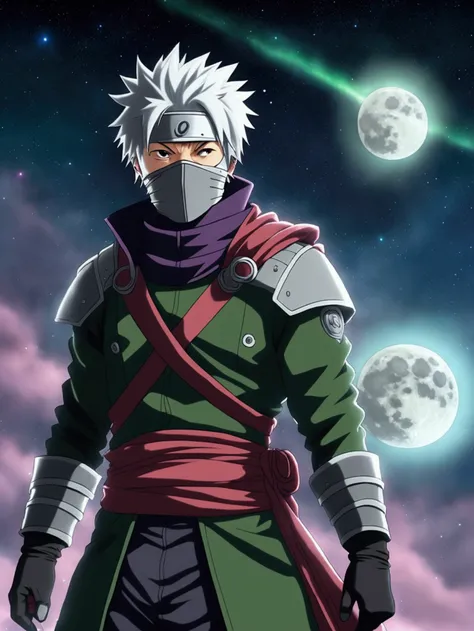 **" Draw Kakashi Sensei standing on a hill , with a serious and imposing expression.  He must be wearing his classic ninja uniform of Konoha ,  with the mask covering part of your face and the slanted forehead protector covering one of your eyes. Behind hi...