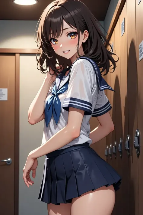   Female student ,   I change clothes and turn my back in a panic  , Detailed face and body,   sailor suit ,   pleated skirt that hugs a spear 、I almost take it off , Bedhead,   it makes you blush , Indoor Scene,  Locker room, Warm lighting, (  High Qualit...