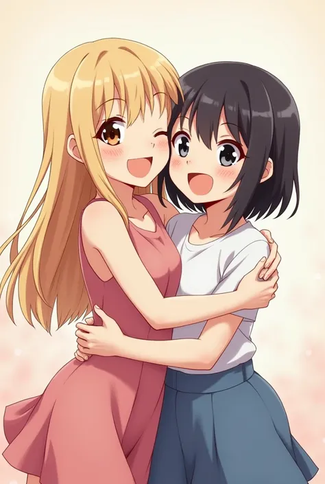  An anime girl with long ,  blond and brown eyes embracing another anime girl with short hair as a friend, color black and black eyes ,  both are the same size and are smiling , They are good friends  