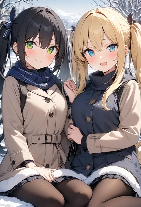  two girls、(( High Quality、 best quality、８ｋ))、((The background is a snowy landscape))、Beautiful and pretty eyes、smile、 mouth on the palm of your hand、 Blonde hair and green eyes  、  high-definition color photos of  ,Break black hair and blue eyes 、 twin-ta...