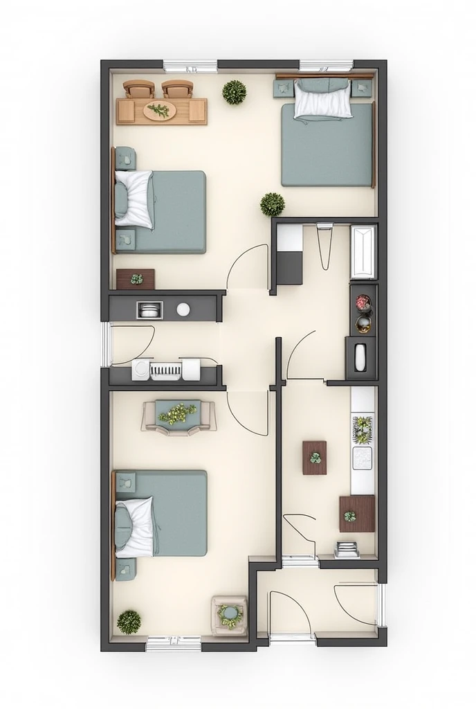  I need the plan of an apartment of 60 square meters ,  that has 2 bedrooms , A well-defined bathroom ,  an INTEGRATED LIVING-DINING ROOM-KITCHEN 
