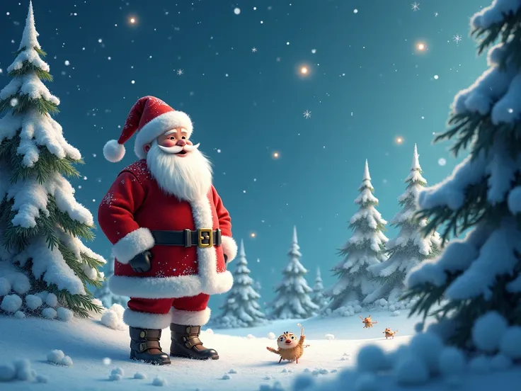 Santa Claus ,  Christmas fairy landscape , snow ,  starry Christmas night 