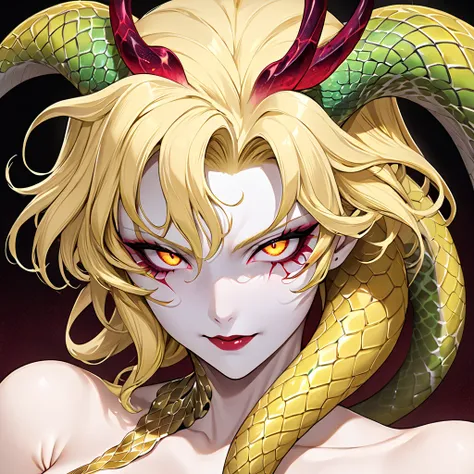 The Beautiful Snake Evil Woman is a blonde Fate Testarossa who is naked and has vivid snake scales and tail, becomes a vivid alien snake demon, and the beautiful snake woman exposes all of the devils naked body、(( best quality)), ((masterpiece)), ( Details...