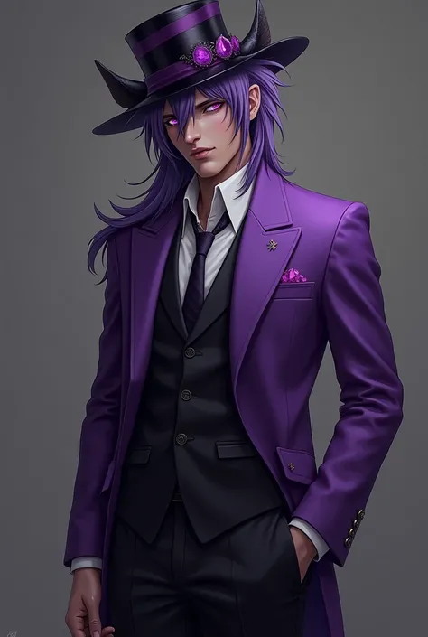  A man with purple eyes and hair ! wears a purple suit, and his pants are black !He has sharp eyes and wolf ears. !The head is wearing a hat with black and purple accents, so the race is human.!