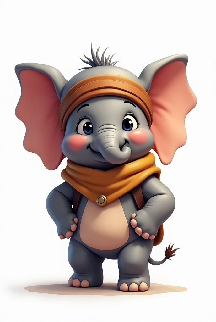 A cartoon of a cute baby elephant. He has a stiff neck and wears a large cervical collar. He is in mode warrior with an adventurer headband. White background.