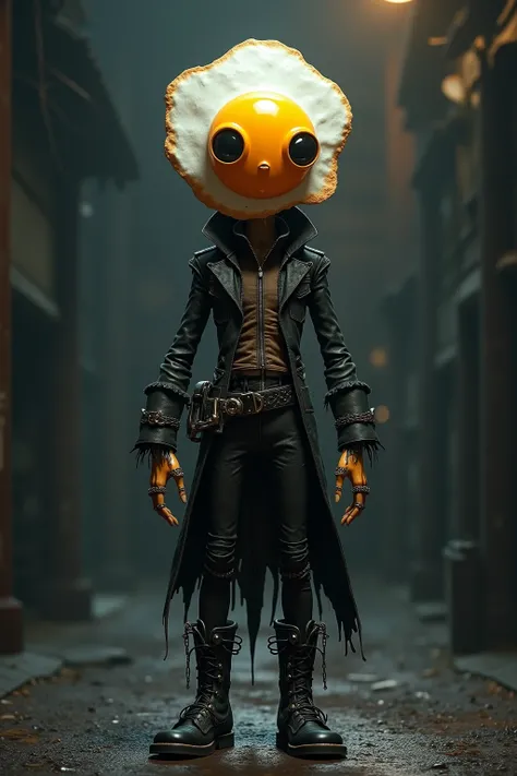 generate images of kawaii chibi character of (fried egg head) zany scarecrow with a horror fantasy theme,(hands on hips:1.5), clothes must be highly intricate cyberpunk style , elegant, and visually striking, highly detailed leather boots, resembling digit...