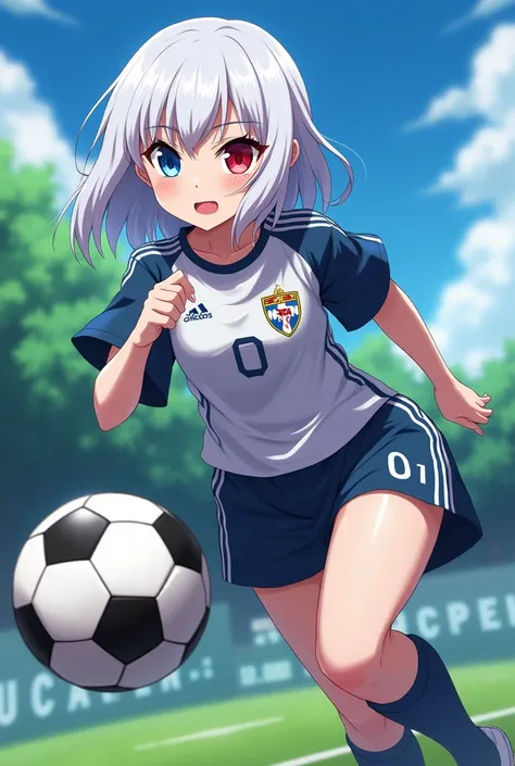  A girl without a bust but replaced with a lot of hips running after a soccer ball,  with a soccer suit like those that appear in the anime blue lock ,  that has white hair up to the shoulders, that is, an albino appearance,  the right eye blue and the lef...