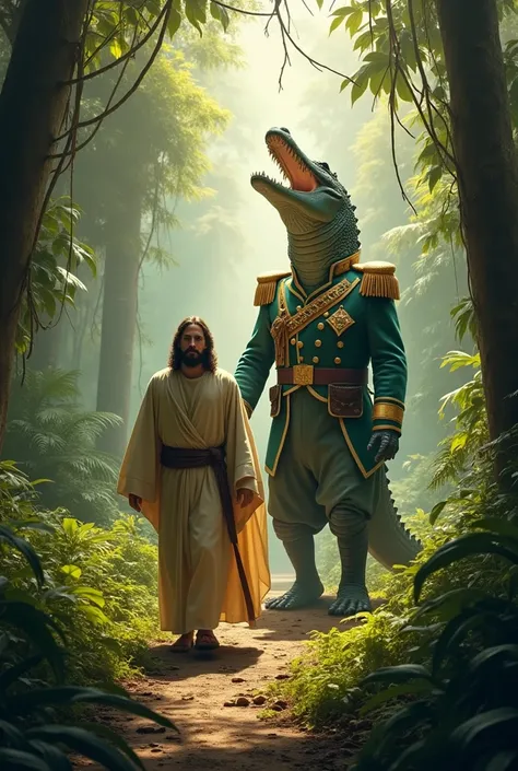 Jesus Christ walking head-on in the jungle and behind him a giant crocodile in a military suit walking behind him