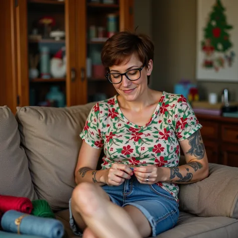 Short brown hair , of prescription glasses, colorful blouse, short jeans, barefoot,  her arms with flower tattoos,  crocheting in her living room ,  sitting on a couch with a closet with several rolls of twine and a crochet hook, with Christmas effects , D...