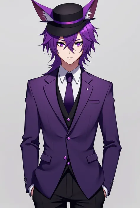  A man with purple eyes and hair ! wears a purple suit, and his pants are black !He has sharp eyes and wolf ears. !The head is wearing a hat with black and purple accents, so the race is human.!It looks like it came out of an anime, its like an anime chara...