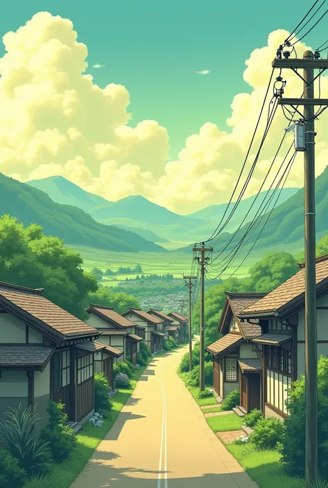 Anime syle houses and the shoet road and around the road theair was houses and beautiful sky and yellow clouda and dhumkatu straight road and their was electric poles long houses