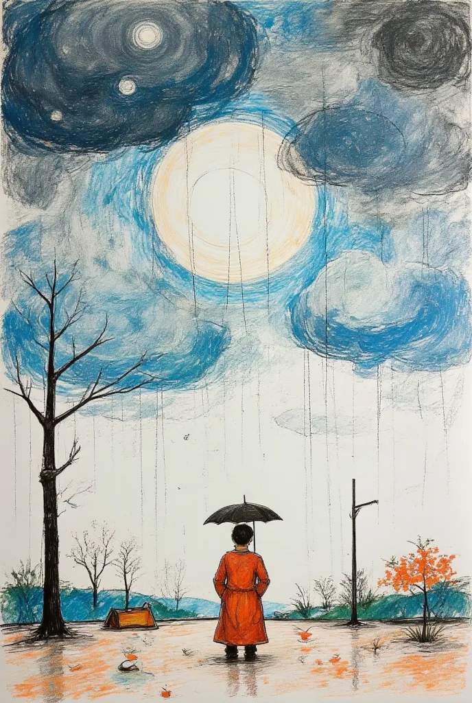 2d, flat, night landscape, stormy and rainy sky ,  lonely man on the horizon under an umbrella, simple drawing