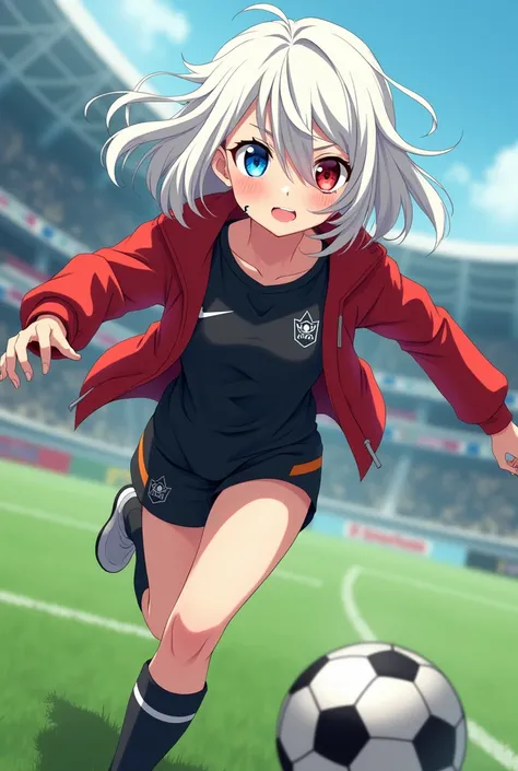  A girl without a bust but replaced with a lot of hips running after a soccer ball, wearing a soccer suit like the ones that appear in the anime Blue Lock with everything and the black suit of the project just below that red soccer suit,  that has white ha...