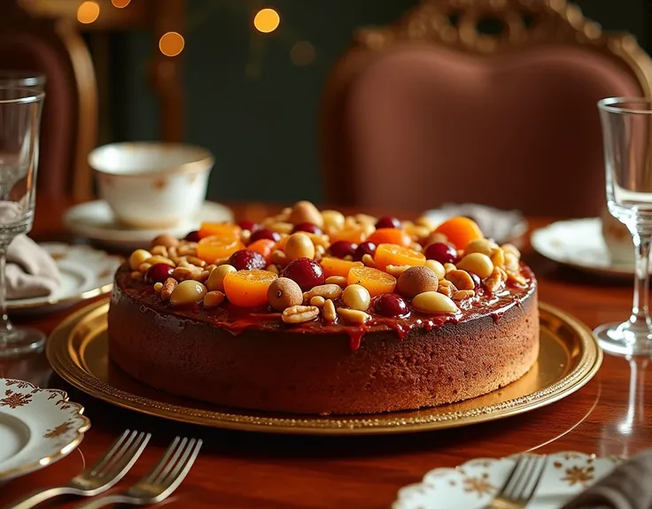 Crisp photo of fruit cake on dining table in luxury home