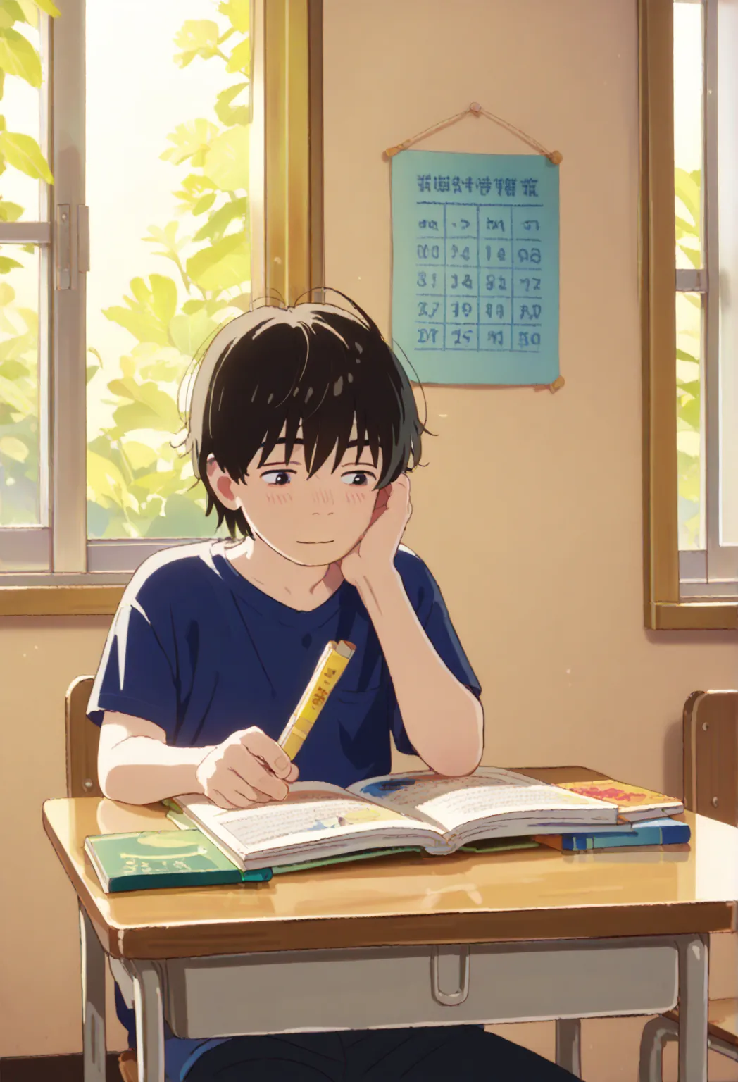 one boy, short hair, student, black hair,