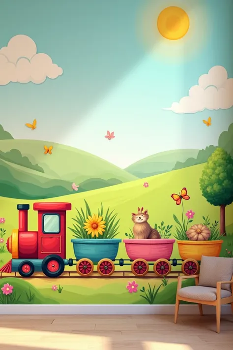 Hello! I am a kindergarten teacher. I want to paint a train on a wall that has 6 common pictures of the ren in 6 carriages. Please create an image of this train. But also with a reserve for the pictures that will be placed along the way.