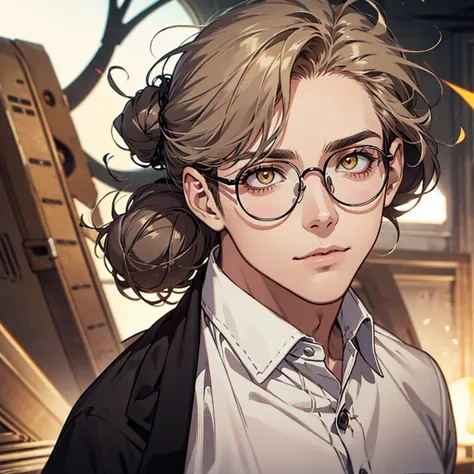 Create a 24-year-old male character with distinctive features: He wears round glasses and has yellow eyes. His hair is curly, with the left side being long and styled into a bun at the back, complemented by loose strands at the nape of his neck. He is dres...