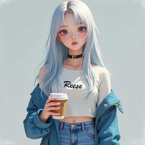 A photo realistic of beautiful korean girl wearing street jeans casual long straight white blue hair , wearing sunglasses , holding a coffee . Name reese written on his attire. 