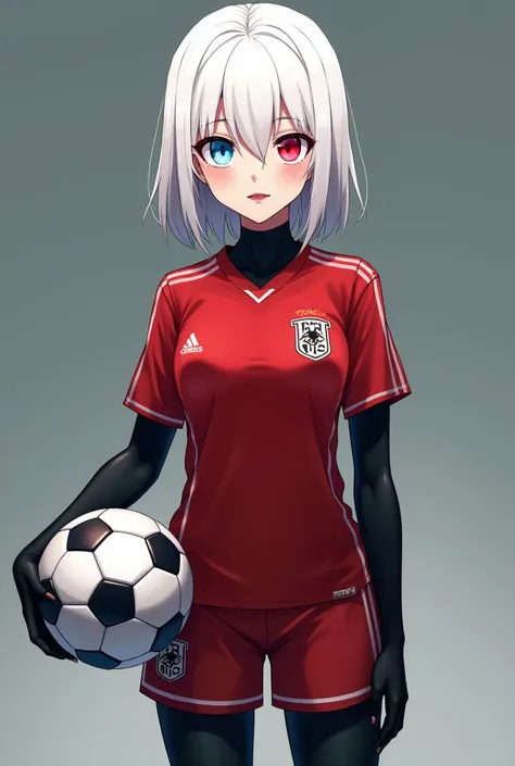 A girl without breasts but replaced with a lot of hips with a ball, wearing a soccer suit like the ones that appear in the anime Blue Lock with everything and the black suit of the project just below that red soccer suit,  that has white hair up to the sho...