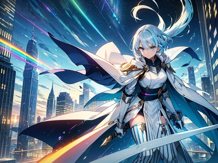 Aurora Shines 、 Rainbow Brilliant Light 、(( Holographic )), 1 girl,milky way, (Stripes of light),  Impressive Visuals , ( Dynamic Streaks, Path of Light:1.2),  dynamic pose、High-Speed Battles、( detailed background)、Above the skyscrapers、Top of the Skyscrap...