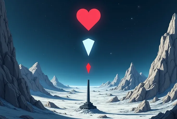  anime style .  A mountainous lunar soil in the background .
 4 symbols  , in column ,  one below the other :
 A red heart 
A blue ray
A white shield
A black metal column. 
 All symbols with small sizes .

