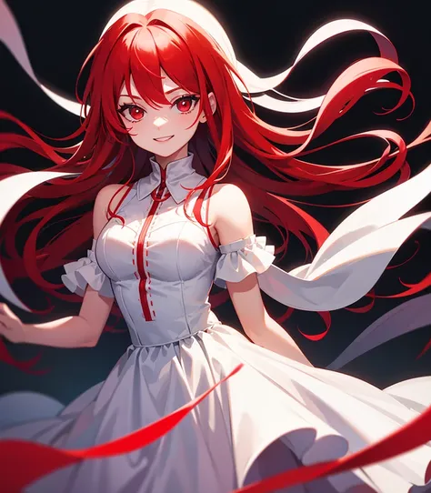 　 red hair　 vampire red eyes　solo　 white dress　smile　 facing the front