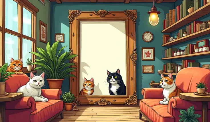 PICTURE IN A CAT CAFE, THERE ARE VARIOUS CATS, AND THERE IS A LARGE EMPTY PICTURE FRAME HIDDEN IN THE MIDDLE OF THIS PICTURE. , OLD SCHOOL COMIC DRAWING