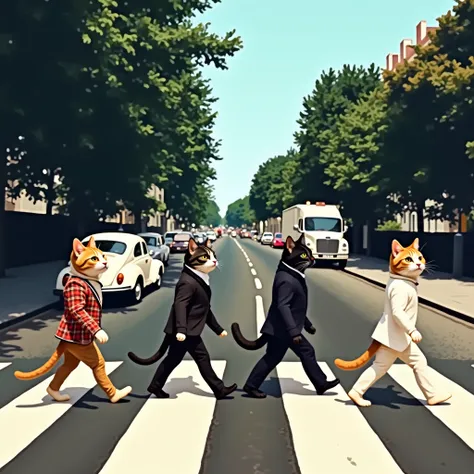 Abbey road, Londra. 4 gatti vestiti come i Beatles attraversano la strada sulle strisce pedonali, come la famosa copertina del disco dei Beatles