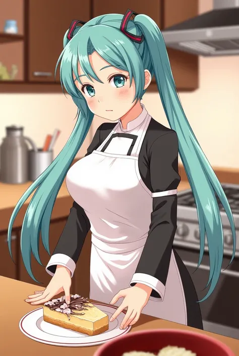 (masterpiece、 best quality、 best quality、 Official Art、 beautiful and beautiful :1.2)、( one girl who is at ease:1.3) Hatsune Miku、 twin tails, Beautiful breasts,Pastry chef、Make the cake