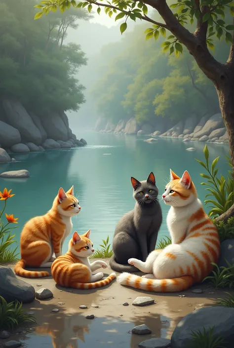 Give me a cat image for river side and others cats and others cats and cinematic 