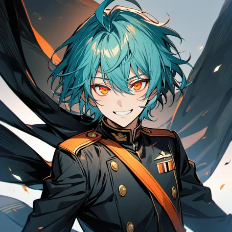 1 boy, Turquoise hair, orange eyes, black cloth, handsome, wearing uniform, orange eye liner, smiling, detailed, detailed eyes, young boy, ahoge